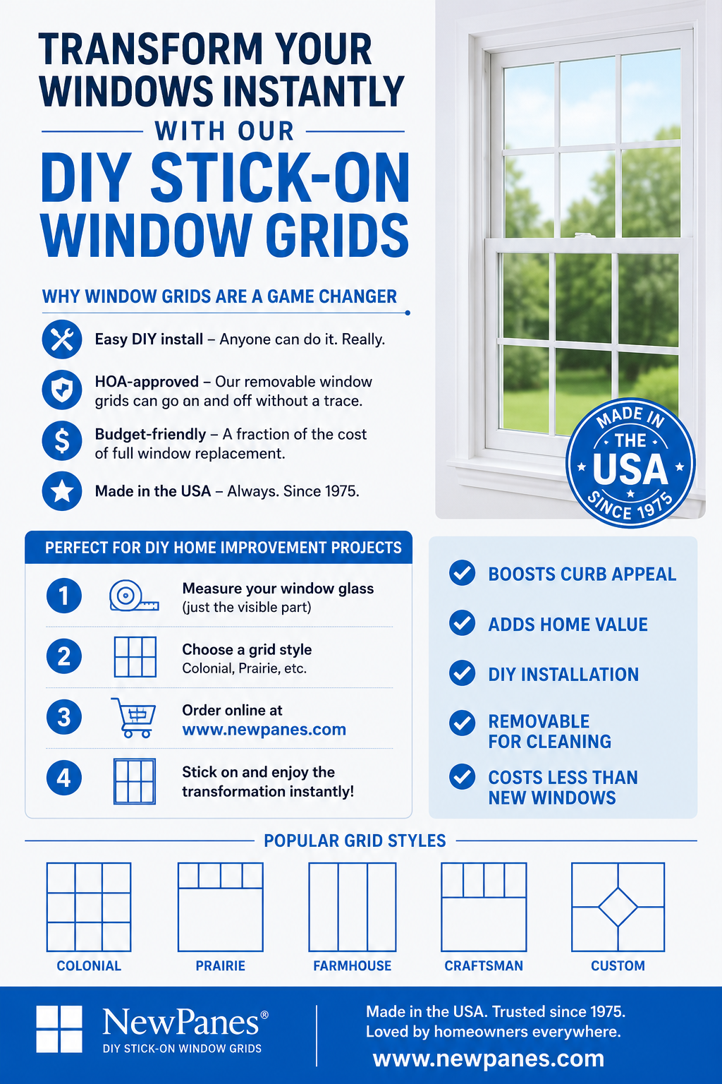 window-grids-diy-home-improvement-infographic-newpanes Window grids DIY infographic showing how add-on window grilles improve curb appeal without replacing windows.